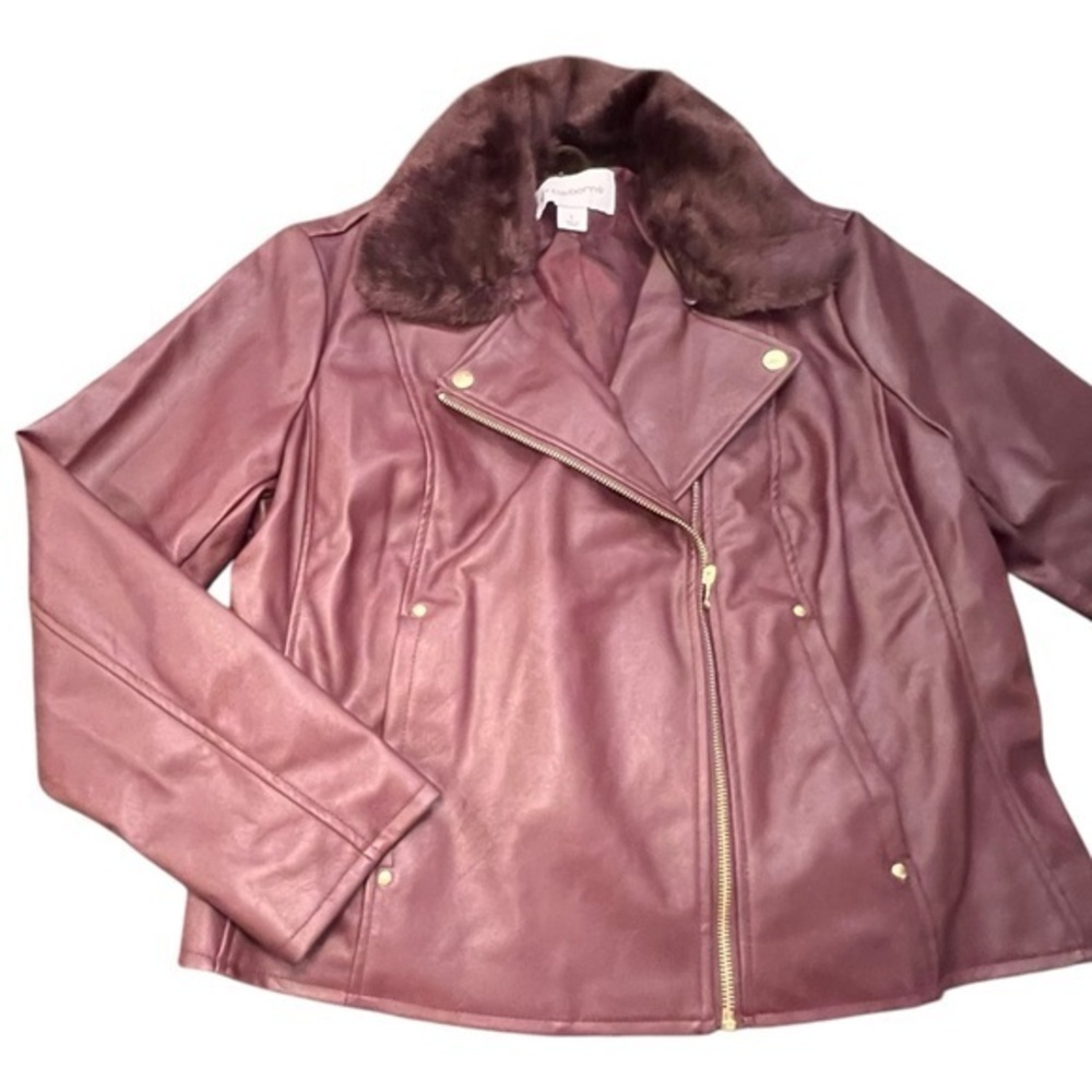 NEW Liz Claiborne Size L Removable Faux Fur Collar Zip Coat‎ Faux Leather Maroon